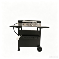 Grill à gaz à surface plate, barbecue au propane, cuisson en plein air, acier inoxydable, revêtement en poudre noire, avec tables latérales, 4 brûleurs