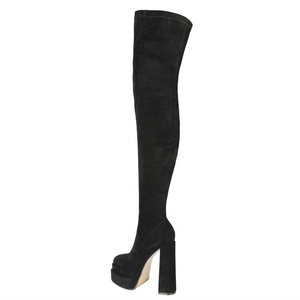 Bottes hautes en daim noir pour femme, plateforme tendance hiver 2021, talon épais, bottes cuissardes moulantes, grande taille 45 - Product Image 4