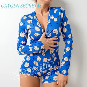 Più Pattern Stampato profondo scollo a V Manica Lunga Sexy Bodycon Breve Tuta Tutina Pigiama Blu Indumenti Da Letto Sottile Pagliaccetto Degli Indumenti Da Notte