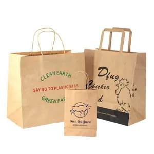 New Product Golden Supplier Kraft Paper Bag Take Out Baking Cookues Flat Handle Restaurant Delivery Paper Bag