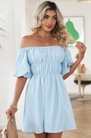 Robe mini éco-responsable unie pour femme, coupe trapèze, épaules dénudées, manches lanternes, taille smockée et taille haute, ODM/OEM