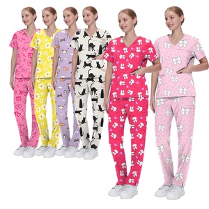 Venta al por mayor unisex algodón Scrub Tops-Impreso cuello en V uniforme de enfermería | Manga corta, transpirable y diseño de bolsillo - Product Image 1