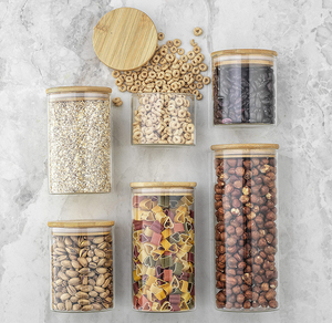 Frasco Redondo Vacío de Vidrio de Borosilicato para <span class=keywords><strong>Cocina</strong></span>, Frasco de Almacenamiento de Alimentos, Especias y Pasta con Tapa de Bambú Hermética - Product Image 4