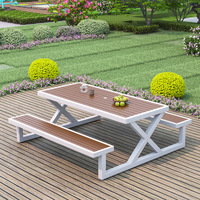 Ensemble de table à manger de jardin moderne pour l'extérieur, résistant à l'eau, en fer et bois, pour usage en restaurant