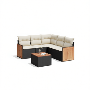 Ensemble de canapés de jardin en polyrotin noir avec panneaux en teck, 6 places, mobilier d'extérieur, design contemporain - Product Image 1