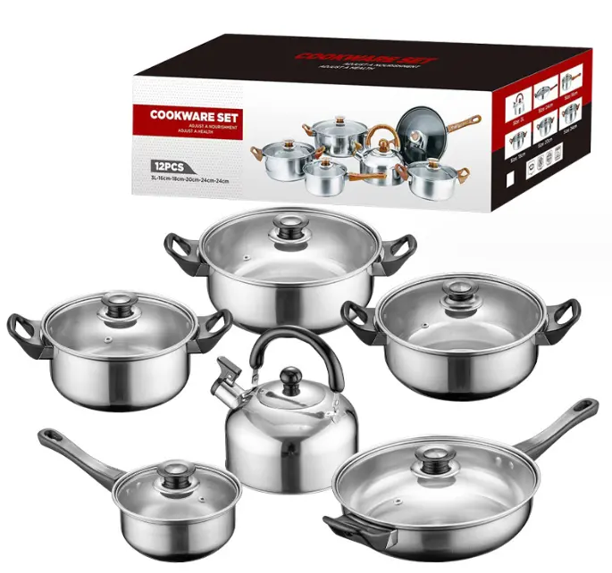 12 pcs Cook Pots and Pans Kitchenware Stainless Steel Cookware Sets with Glass Lid Cooking Pot Set