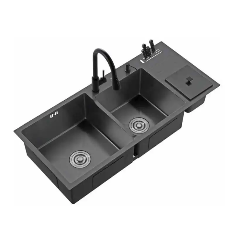 Mopo vendita calda Design moderno personalizzato fatto a mano cucine in acciaio inox lavello nero Nano Sus304 lavelli doppia ciotola