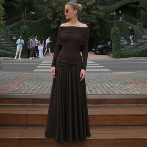 เดรสยาวทรงเอไลน์แบบรัดเอวเปิดไหล่สไตล์ฝรั่งเศส แขนยาว ผ้าเรียบหรู เหมาะสำหรับงานเลี้ยงกลางคืน - Product Image 3