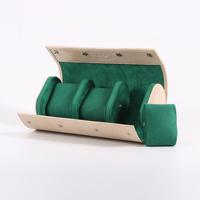 Kotak Jam Tangan Kulit PU 3 Slot Custom, Tempat Jam Tangan Portabel, Organizer Jam Tangan Gulung, Lapisan Suede Hijau, Penutup Kancing, Hadiah