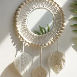 DR-NY Hanging Wall Mirror Boho Macrame Fringe Round Decorative Mirror with Wood Beads Feather Pendant Art Ornament for Home