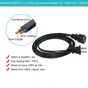 2pin không phân cực NEMA 115p để 115r AC dây điện 18AWG 6ft chúng tôi 2prong nam nữ - Product Image 3