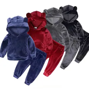 Bé Trai Cô Gái Nhung Trùm Đầu Quần Áo Set Kids Jacket Coat Quần Phù Hợp Cho Thể Thao Phù Hợp Với Tracksuit Toddler Trẻ Em Quần Áo Set