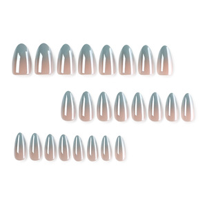 Faux ongles longs en amande à presser, dégradé bleu français, avec pointes brillantes et scintillantes, réutilisables, pour le nail art, idéaux pour les fêtes, vente en gros - Product Image 3