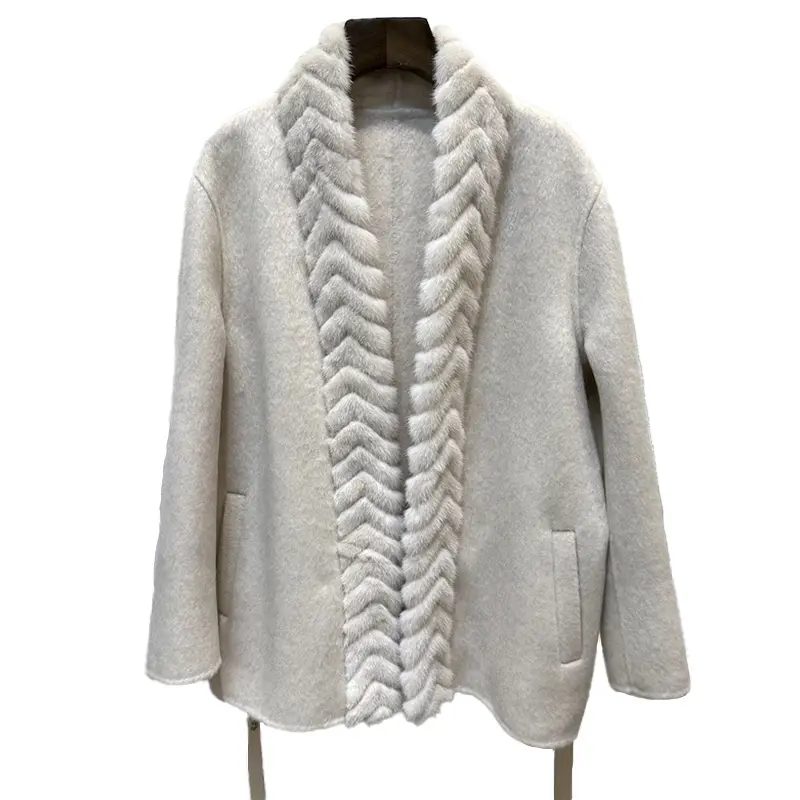 Vente en gros Manteaux en laine style moyen hiver Manteau de luxe en cachemire pour femmes avec col en fourrure de vison véritable