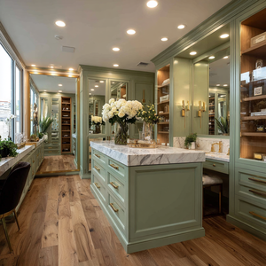 Armoire de <span class=keywords><strong>dressing</strong></span> de luxe VSME vert sauge laqué mat avec îlot central intégré et coiffeuse, ensemble armoire de casal - Product Image 1