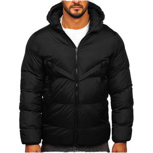 Men's Hooded Puffer Jacket Winter Thick <b>Warm</b> Quilted Zipper Closure Casual Streetwear Black Polyester Wadding <b>Coat</b> - Product Image 1