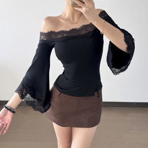 Camiseta de Manga Larga con Hombros Descubiertos y Ribete de Encaje Estilo Y2K para Mujer, Color Sólido, Manga Acampanada, Corte Ajustado, Top Elegante - Product Image 3