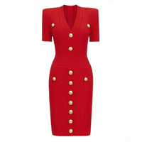 Robe moulante en maille côtelée rouge pour femme, col en V, manches courtes, boutons dorés sur le devant, mini-robe pull ajustée, vente en gros