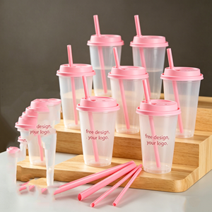 Vasos de Plástico de 16 oz con Logotipo Personalizado, Vaso de 500 ml para Bebidas Frías con Tapa Plana y Pajita Rosa para Tiendas de Té Boba - Product Image 1