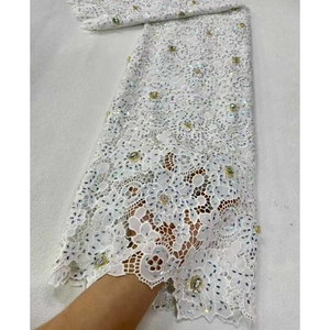 Tissu en dentelle guipure nigériane en gros, tissu en dentelle à cordon tendance avec strass - Product Image 2