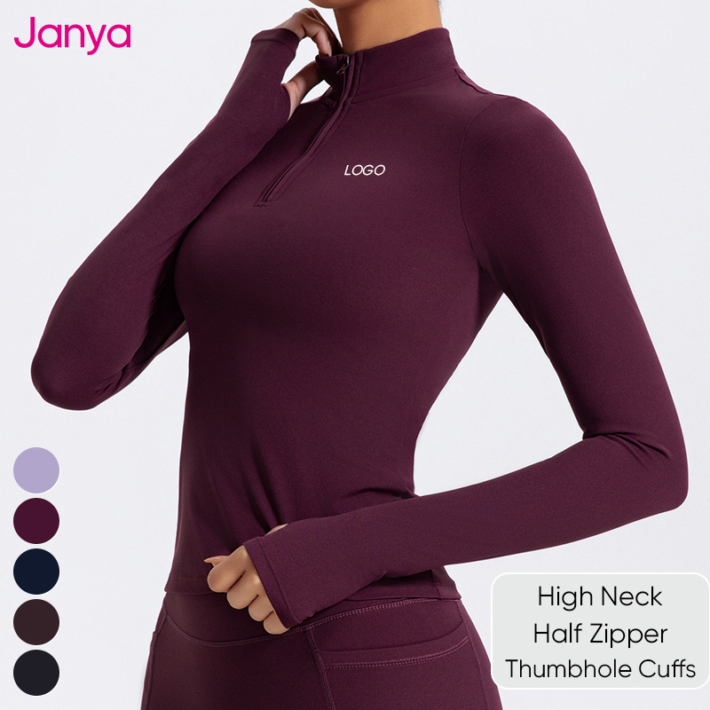 Janya Custom Logo Sportswear Women Thumb Holes Long Sleeves Yoga Shirts Slim Fit Half Zipper Stand Collar Breathable Sports Tops