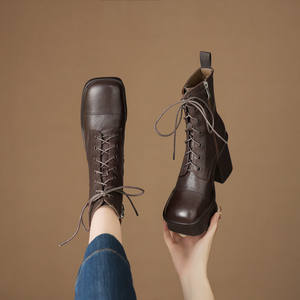 Bottines classiques en cuir de vachette à bout fermé, semelle épaisse, style rétro, confort de loisirs, talon ultra haut, tendance, toutes occasions - Product Image 2