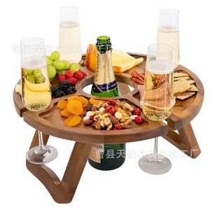 Retro solid wood wine rack folding <b>table</b>, <b>outdoor</b> wine glass holder, snack tray, portable wooden wine <b>table</b> - Product Image 2