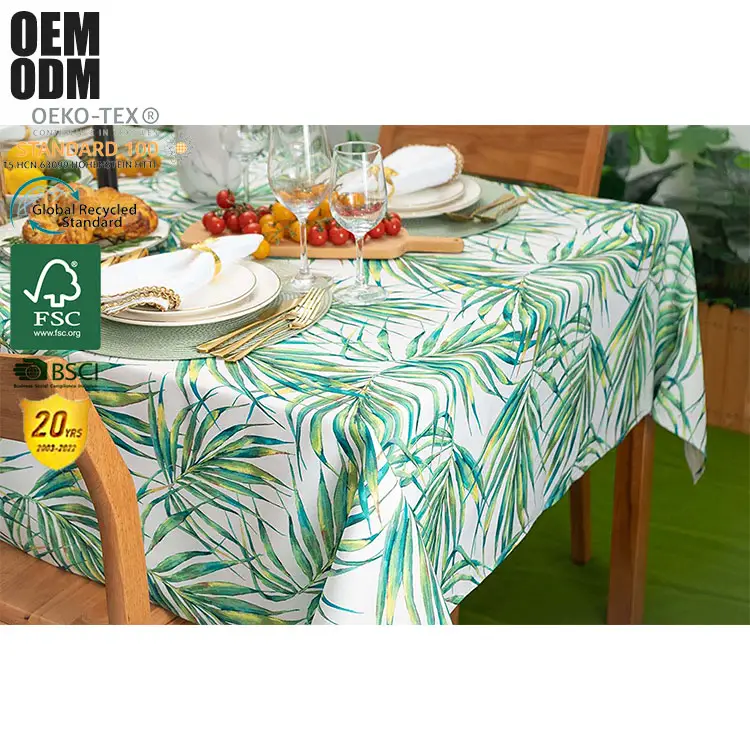 Custom Pattern Print Waterproof Outdoor Polyester Rectangular Tablecloth Green Table Cloth For Square Dining Table