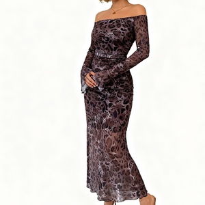 Nouvelles robes élégantes vintage pour femmes, à épaules dénudées, à manches longues, en maille, à imprimé léopard, tendance - Product Image 1