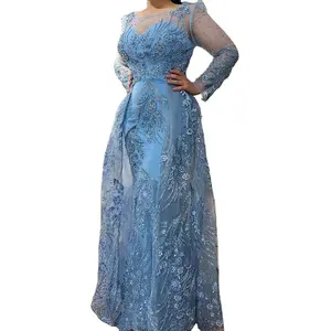 Blue Long Sleeves Evening Dresses 2024 Serene Hill LA71460 Beaded Over Skirt Formal Party Gowns For Muslim Women