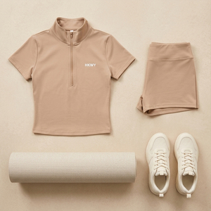 Conjunto de Yoga de Lujo Discreto para Mujer 2026, Color Beige Nude, Top de Manga Corta con Media Cremallera y Shorts Moldeadores, Conjunto Deportivo de 2 Piezas, Ropa de Gimnasio sin Costuras - Product Image 3
