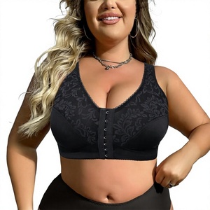 Sujetador Push-Up sin Varillas con Cierre Frontal de Encaje Negro para Mujer, Talla Grande, Copa Tres Cuartos, Diseño Sólido, Spandex/Nylon, Transpirable y Sexy - Product Image 1