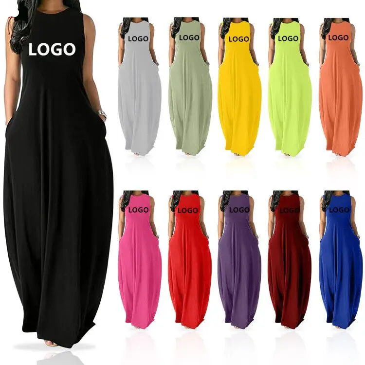 Conyson Hot Summer Maxi Custom Logo Short Sleeve Women Sundress Solid Loose Pockets Ladies Long Dress Women Fashion Casual