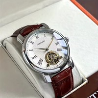 Montre mécanique originale AOKULASIC pour homme, montre-bracelet de luxe haut de gamme avec tourbillon, bracelet classique en cuir véritable
