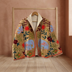 Wholesale Handmade <b>Velvet</b> Elephant Embroidered <b>Jacket</b> <b>Women</b> Boho Winter Short Coat Ethnic Casual Striped Lining Outerwear - Product Image 5