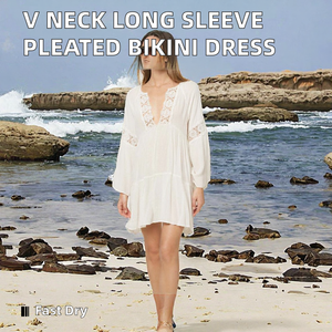 Women Chiffon Deep V Neck Long Sleeve Lace Swim Dress Solid Color Breathable Loose Fit <b>Swimwear</b> Cover Up 1 Piece - Product Image 2