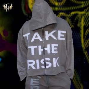 Oem Custom Rhinestone Distress Logo bordado French Terry Heavy Cotton Raw Hem Pullover Cut Edge Hombres Sudaderas con capucha - Product Image 6