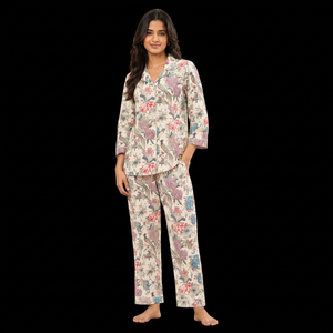 Women's Luxury Cotton Sleepwear Set Floral Bird Print <b>Button</b> <b>Front</b> Pajama Premium Nightwear Collection - Product Image 1