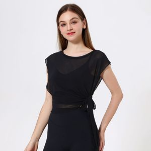 Camiseta Deportiva de Yoga para Mujer, de Spandex/Nylon, con Tirantes, Malla Transpirable, Sujetador Incorporado, Manga Corta, con Lazos Laterales, para Gimnasio, Pilates y Entrenamiento - Product Image 1