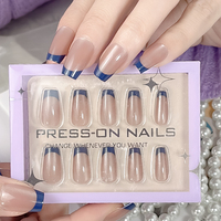 Uñas Postizas Francesas Azules ABS de Cobertura Completa con Diseño Ojo de Gato, Cuadradas, Almendradas, Stiletto, Patrones de Mariposa para Salón