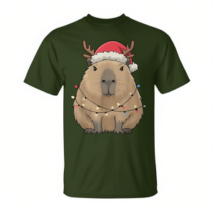 T-shirt de Noël mignon avec motif de capybara, renne et Père Noël avec lumières - Product Image 2