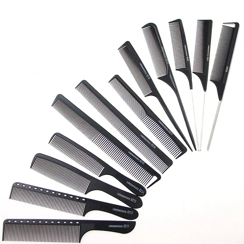 12 Styles Professional Heat Resistant Salon Black Metal Pin Tail Antistatic Comb Hard Carbon Cutting Comb Hair Trimmer