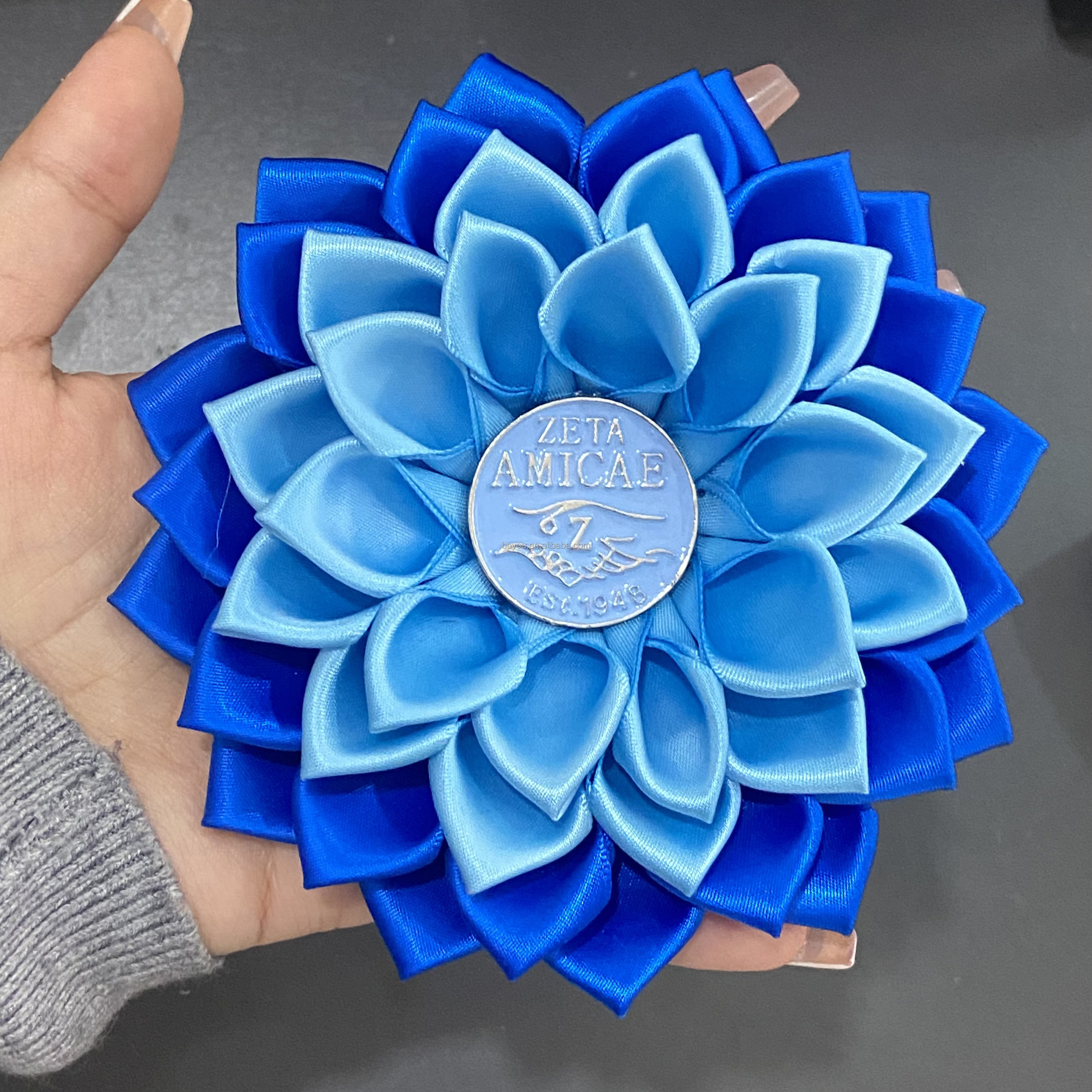 Zeta Amicae Dark Light Blue Women Flower Ribbon Brooch