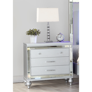 Modern <b>Mirror</b> Framed 3 Drawer Nightstand Silver Wood Finish Bedroom Furniture - Product Image 5