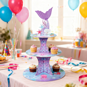 Mermaid Tail Three Tier Paper Cake Stand Round Reusable Birthday Party Dessert <b>Display</b> Decor - Product Image 3