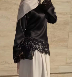 Zevity Camicetta da Donna Sexy Nera e Bianca con Orlo in Pizzo Asimmetrico in <span class=keywords><strong>Raso</strong></span> Morbido, Top Chic in Poliestere per Clubwear - Product Image 2