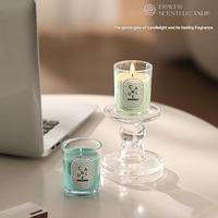 Bougie parfumée en verre transparent multicolore Macaron, cire de soja naturelle, petite fragrance avec étiquette ovale classique imprimée