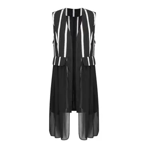 summer top spring 2024 cardigan Black Women Ladies Sleeveless Front Open White Stripe Long Maxi Cardigan Jersey Blouses