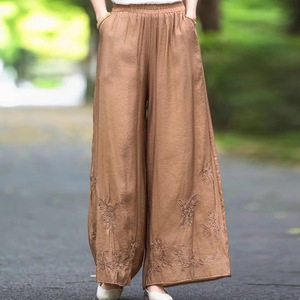 Cotton Linen Embroidered Wide Leg Pants Elastic Waist Casual Plus Size Women's Clothing Rose Pink Breathable Summer Style - Product Image 5