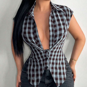 Nueva Blusa Vintage Única de Primavera/Verano para Mujer, Manga Corta, Diseño a Cuadros con Bloques de Color, Blusa Informal para Dama - Product Image 3